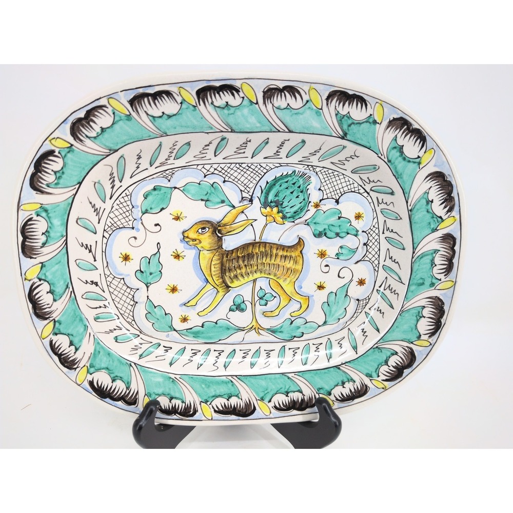 Cottagecore Majolica Platter Plate Tray Antique Rabbit Bunny Italy Green Yellow